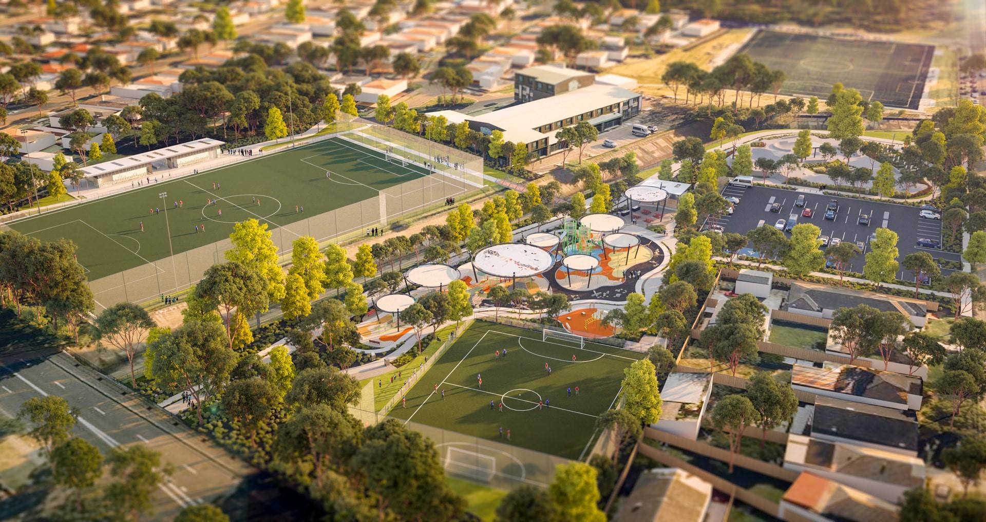 Overhead view of Ador Park Precinct including 2 sports fields surrounded by trees and houses