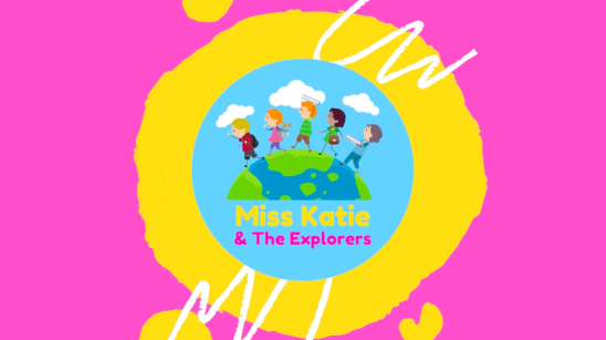 cartoon children walking around the Earth with text: Miss Katie & the Explorers