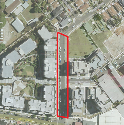 Areal photo of Bonar St wth red rectangle denoting the works area over the entire length of the st.