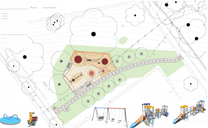 Map of upgraded park, showing playground, trees, pathway connecting one end to the other