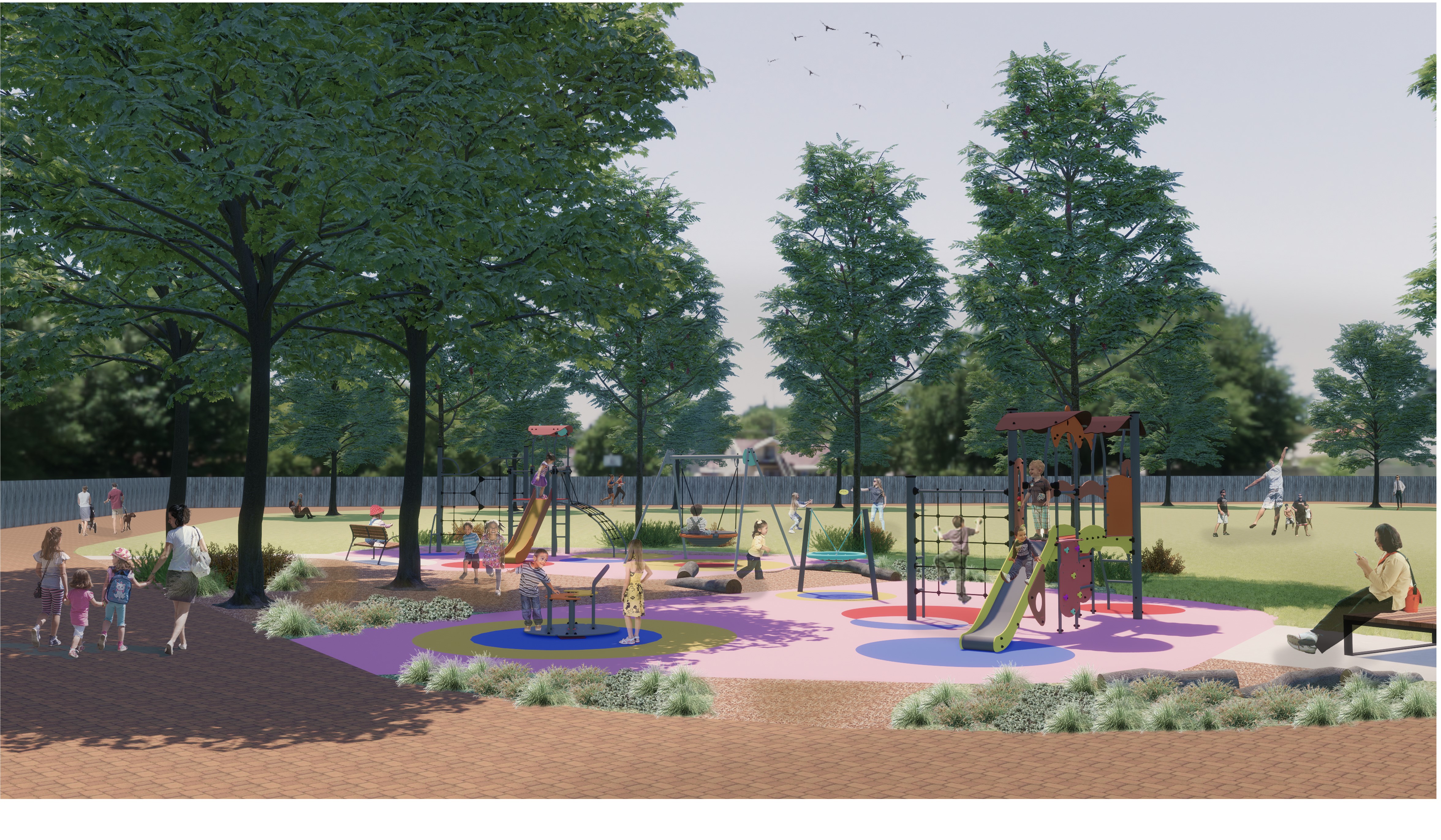 Artists image of Haig Reserve with playground surrounded by trees 