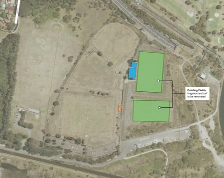 Arial photo of the park with two new rectangular fields drawn on top