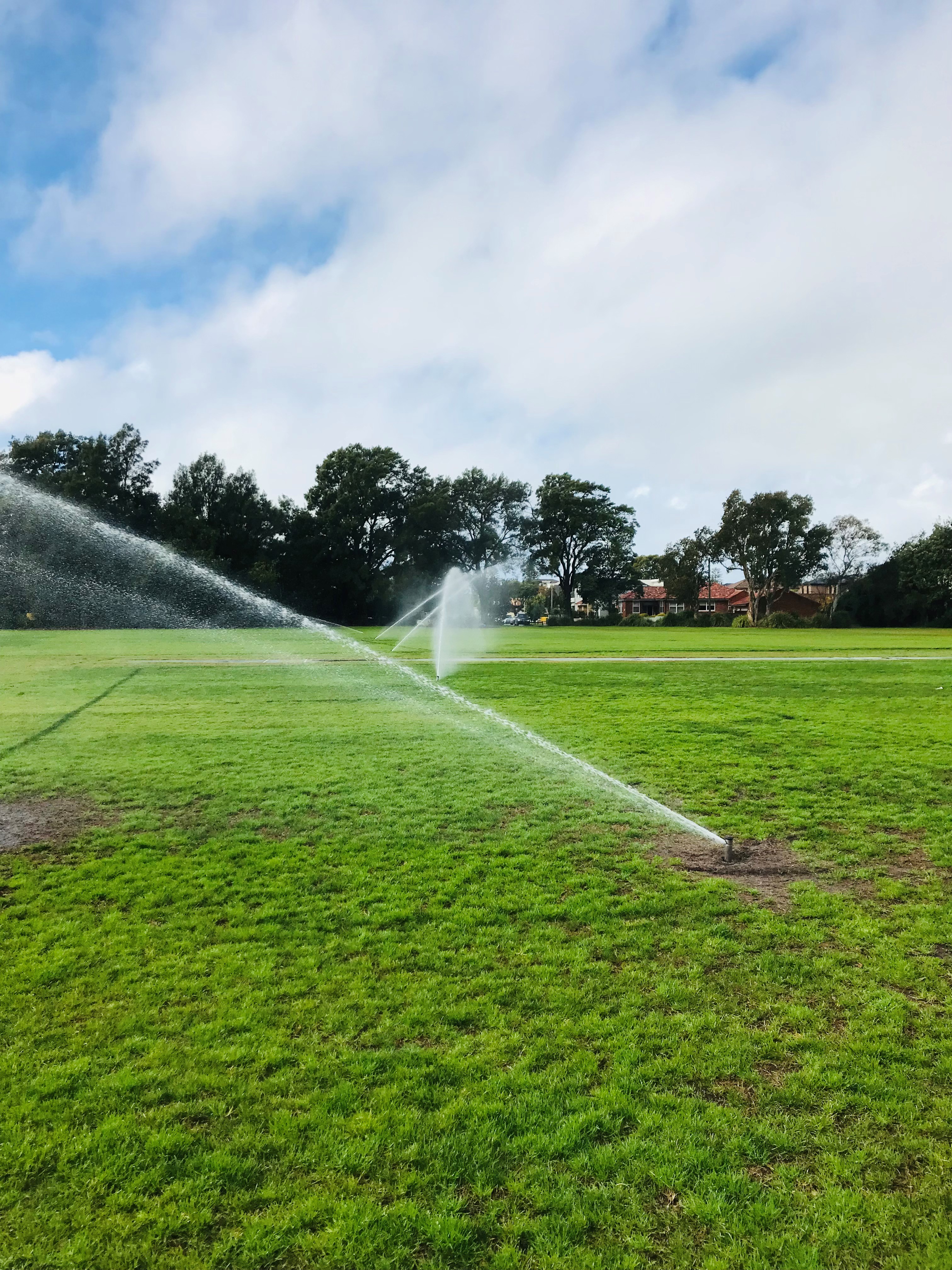 Grassed field with sprinklers operating