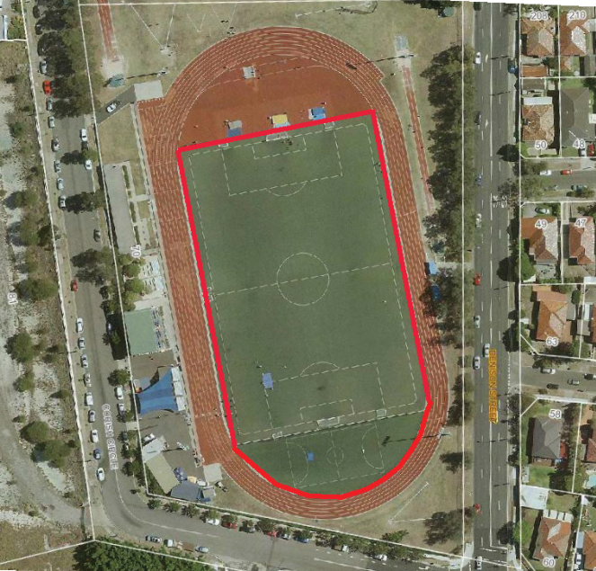 Arial shot of the facility with the soccer pitch outlined in red