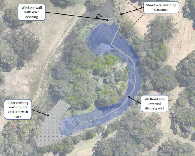 Aerial shot of wetlands showing location of works on the weir and along the length of the waterway