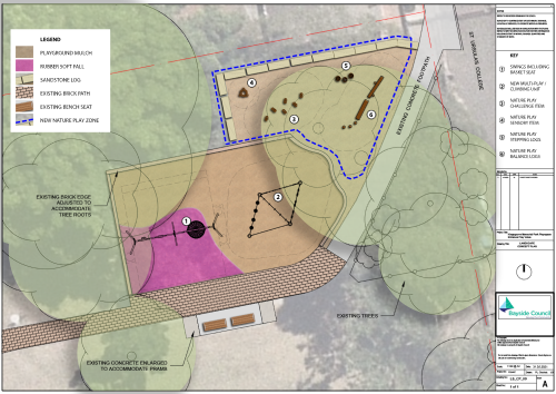 Overhead map of the new space, showing different surfaces and location of play equipment