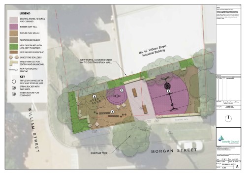 Map of the new playspace showing playspaces with soft surfaces or mulch