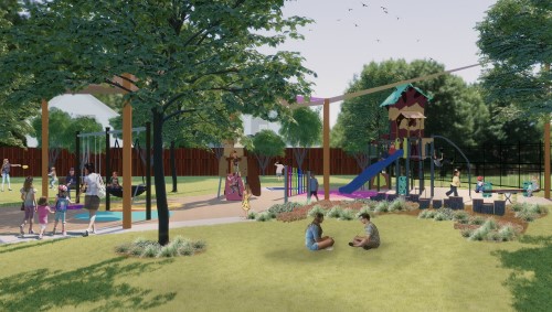 Artist's impression of the new playspace, including a slide and grassed area with children playing 