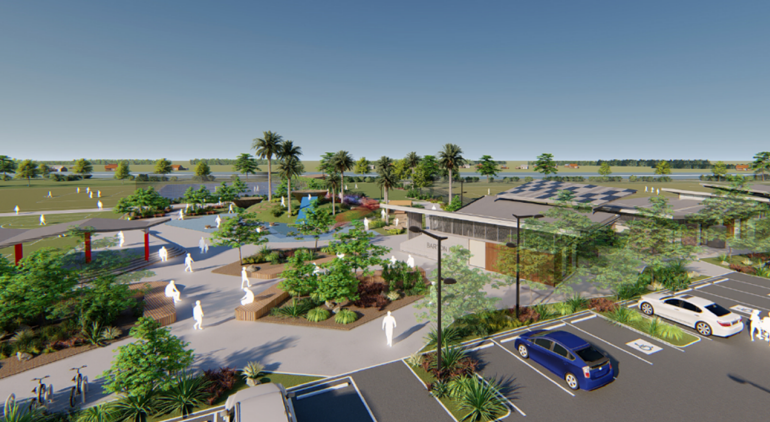 Inset promotional image showing final construction of precinct