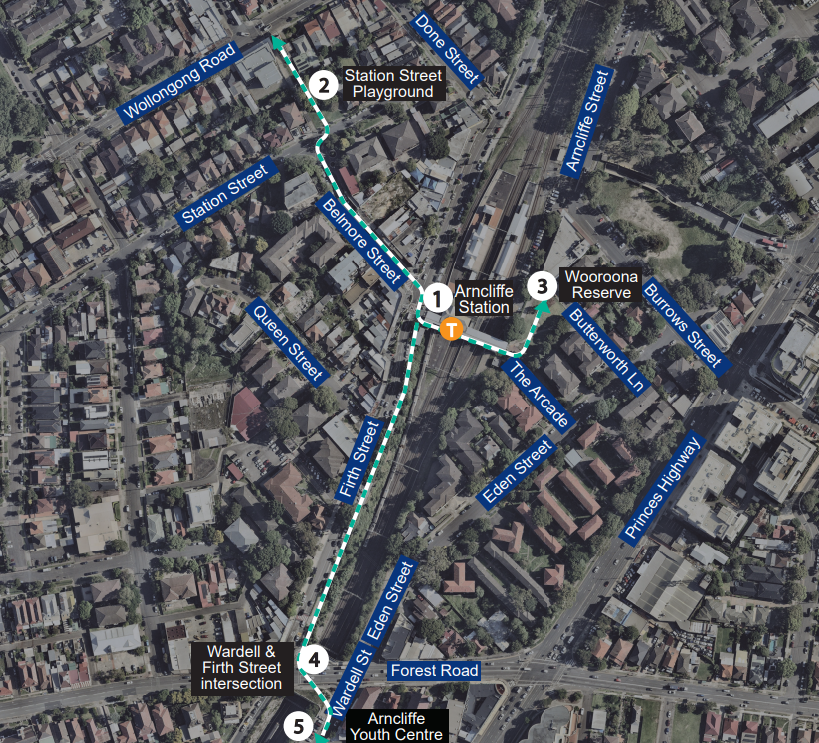 a topographic image showing the walkshop route starting from arncliffe