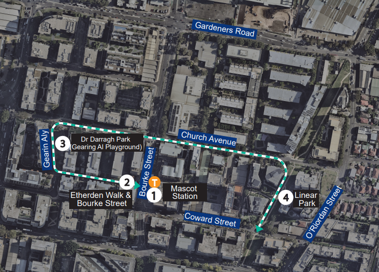 a topographic image showing the walkshop route starting from Bourke street, onto etheden walk, gearin alley, church avenue, o'riordon street, coward street