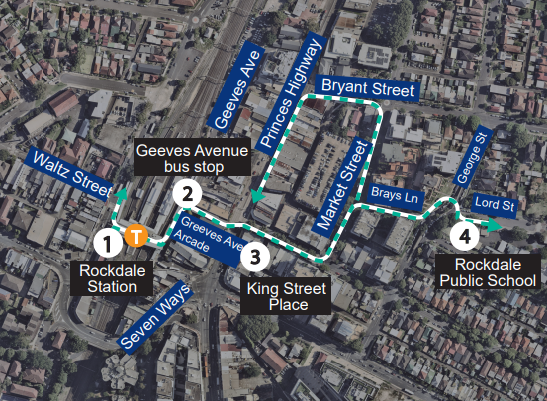 a topographic image showing the walkshop route from Rockdale station