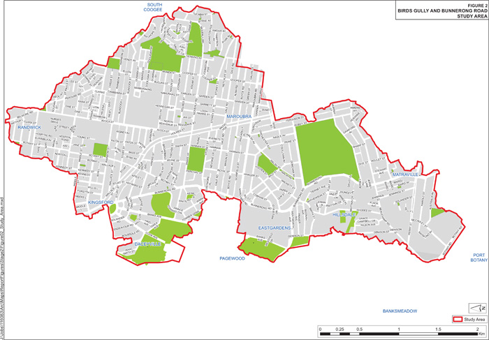 Birds Gully and Bunnerong Road Flood Study Area Map