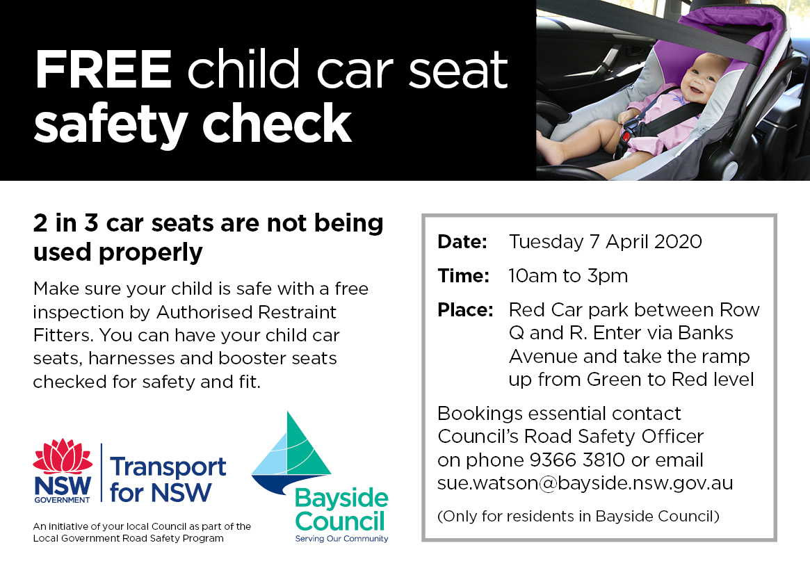 Advertisement for child restraint check day Eastgardens 7 April 2020
