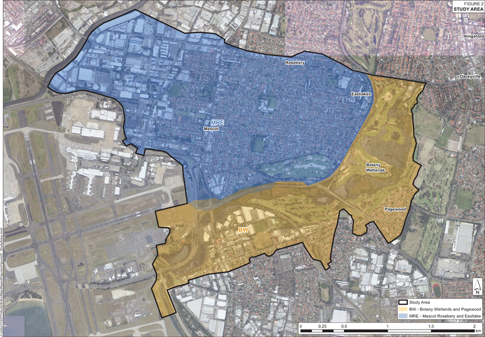 Mascot, Rosebery and Eastlakes Flood Study area map