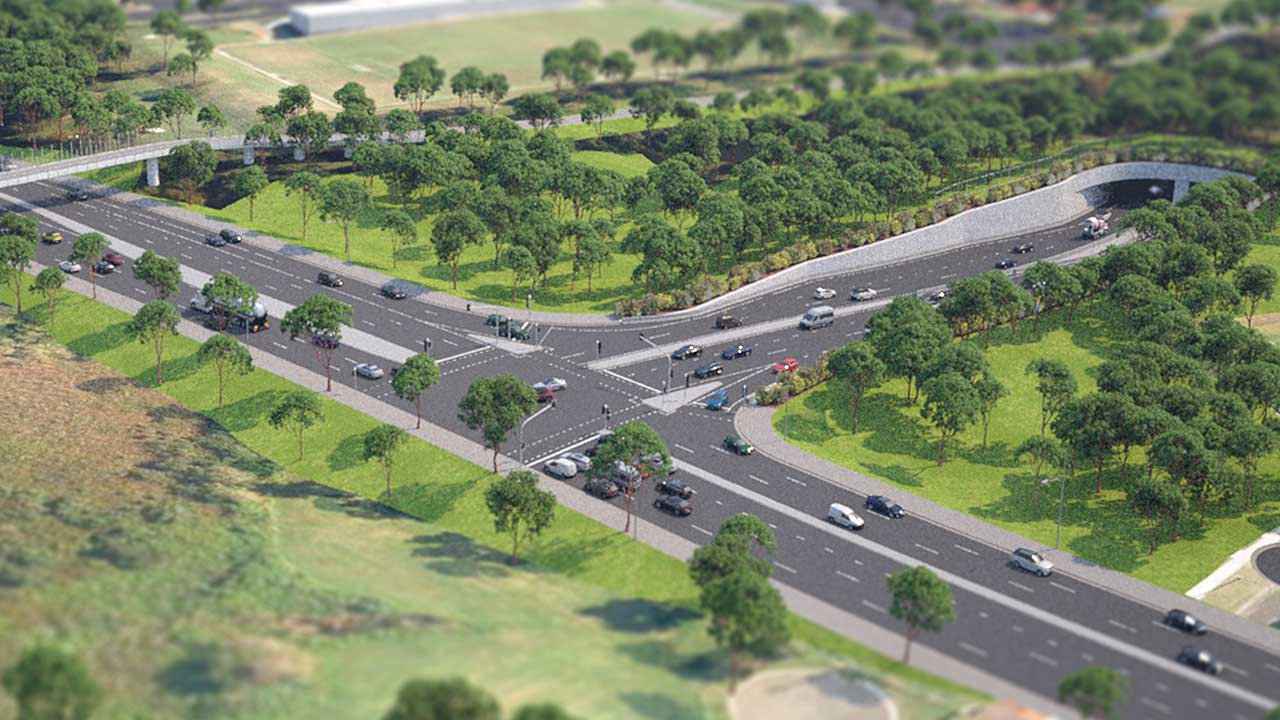 Artists impression of intersection of President's Avenue and M6, surrounded by trees