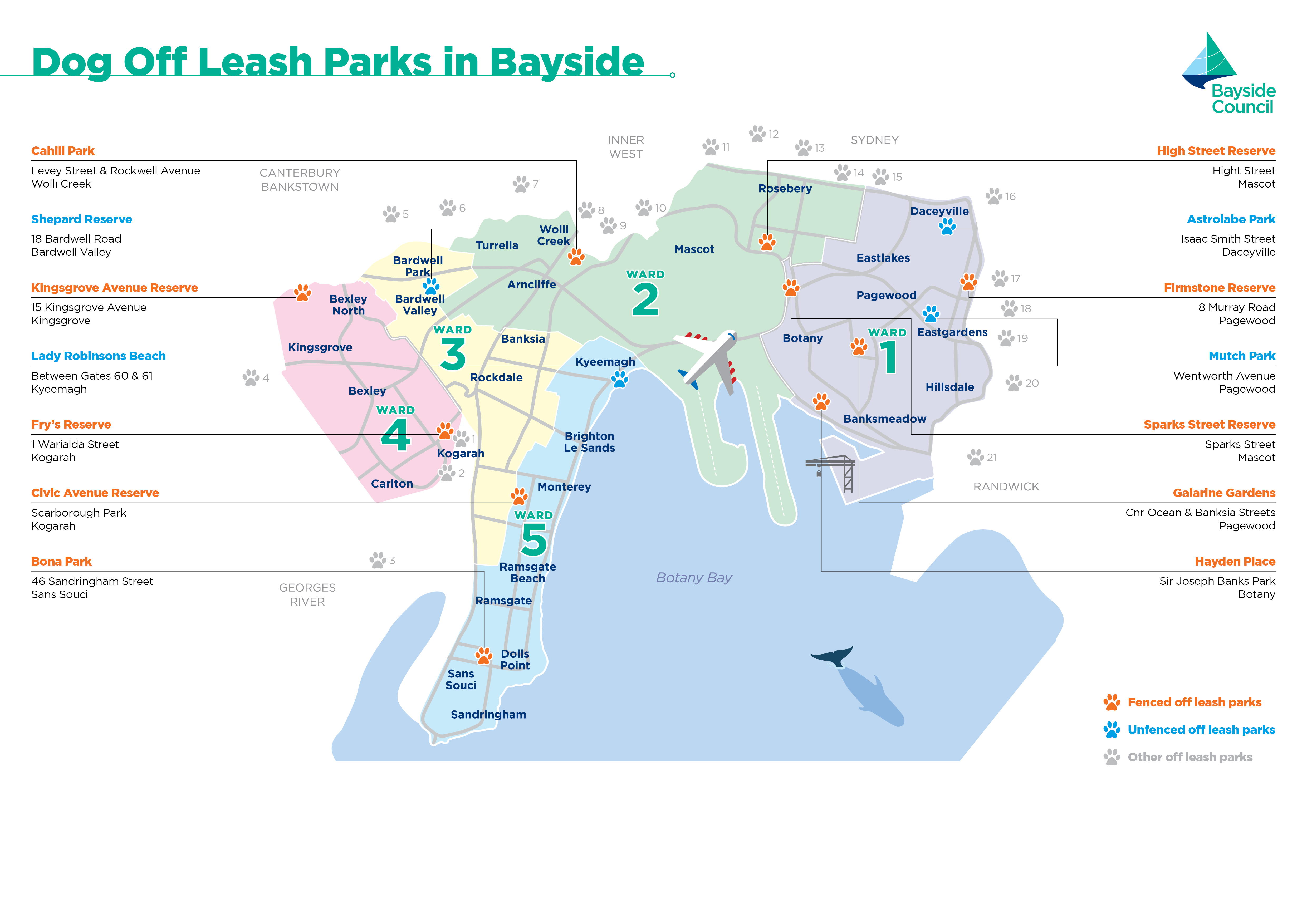 Illustrated map showing all the dog parks at bayside